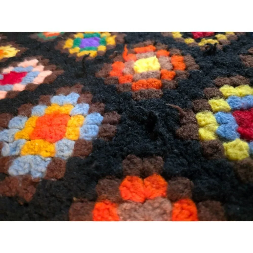 Vintage 1970s Handmade Grannysquare Colorful Hippie Throw Blanket Black
